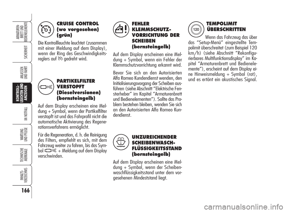 Alfa Romeo Brera/Spider 2009  Betriebsanleitung (in German) 166
SICHERHEIT
KONTROLL-LEUCHTEN UNDANZEIGEN
IM NOTFALL
WARTUNG 
UND PFLEGE
TECHNISCHE
MERKMALE
INHALTS-
VERZEICHNIS
ARMATUREN-
BRETT UND 
BEDIENELEMENTE
ANLASSEN
UND FAHRT
CRUISE CONTROL 
(wo vorgese