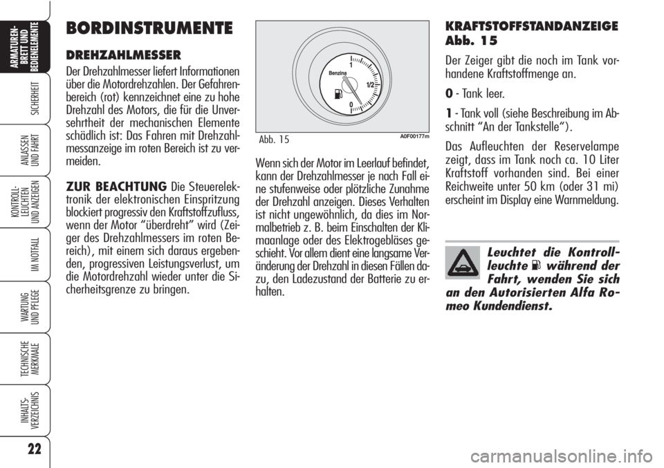 Alfa Romeo Brera/Spider 2010 Betriebsanleitung (in German) 22
SICHERHEIT
KONTROLL-
LEUCHTEN
UND ANZEIGEN
IM NOTFALL
WARTUNG
UND PFLEGE
TECHNISCHE
MERKMALE
INHALTS-
VERZEICHNIS
ARMATUREN-
BRETT UND BEDIENELEMENTE
ANLASSEN
UND FAHRT
KRAFTSTOFFSTANDANZEIGE
Abb. Alfa Romeo Brera/Spider 2010 Betriebsanleitung (in German) 22
SICHERHEIT
KONTROLL-
LEUCHTEN
UND ANZEIGEN
IM NOTFALL
WARTUNG
UND PFLEGE
TECHNISCHE
MERKMALE
INHALTS-
VERZEICHNIS
ARMATUREN-
BRETT UND BEDIENELEMENTE
ANLASSEN
UND FAHRT
KRAFTSTOFFSTANDANZEIGE
Abb.