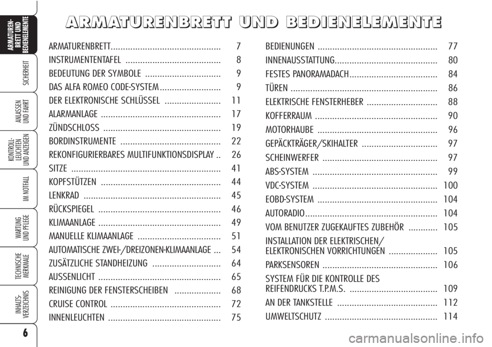 Alfa Romeo Brera/Spider 2010  Betriebsanleitung (in German) 6
SICHERHEIT
KONTROLL-
LEUCHTEN
UND ANZEIGEN
IM NOTFALL
WARTUNG 
UND PFLEGE
TECHNISCHE
MERKMALE
INHALTS-
VERZEICHNIS
ARMATUREN-
BRETT UND BEDIENELEMENTE
ANLASSEN
UND FAHRT
6
A A
R R
M M
A A
T T
U U
R 