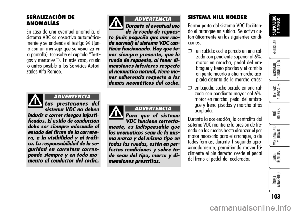 Alfa Romeo Brera/Spider 2006  Manual de Empleo y Cuidado (in Spanish) 103
SEGURIDAD
TESTIGOS 
Y MENSAJES
QUÉ
HACER SI
MANTENIMIENTO
Y CUIDADO
DATOS 
TÉCNICOS
ÍNDICE 
ALFABÉTICO 
SALPICADERO
Y MANDOS 
ARRANQUE 
Y CONDUCCIÓN
Las prestaciones del
sistema VDC no deben
