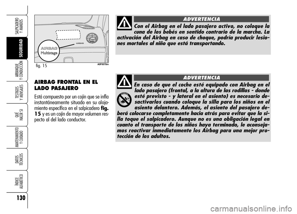 Alfa Romeo Brera/Spider 2006 Manual de Empleo y Cuidado (in Spanish) 130
SEGURIDAD TESTIGOS
Y MENSAJES
QUÉ
HACER SI
MANTENIMIENTO
Y CUIDADO
DATOS
TÉCNICOS
ÍNDICE
ALFABÉTICO
SALPICADERO
Y MANDOS
ARRANQUE
Y CONDUCCIÓN
En caso de que el coche esté equipado con Alfa Romeo Brera/Spider 2006 Manual de Empleo y Cuidado (in Spanish) 130
SEGURIDAD TESTIGOS
Y MENSAJES
QUÉ
HACER SI
MANTENIMIENTO
Y CUIDADO
DATOS
TÉCNICOS
ÍNDICE
ALFABÉTICO
SALPICADERO
Y MANDOS
ARRANQUE
Y CONDUCCIÓN
En caso de que el coche esté equipado con