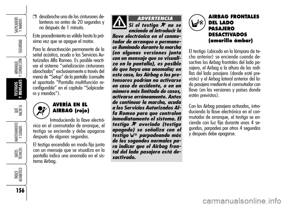 Alfa Romeo Brera/Spider 2006  Manual de Empleo y Cuidado (in Spanish) 156
SEGURIDAD
TESTIGOS 
Y MENSAJES QUÉ
HACER SI
MANTENIMIENTO
Y CUIDADO
DATOS 
TÉCNICOS
ÍNDICE 
ALFABÉTICO
SALPICADERO 
Y MANDOS 
ARRANQUE 
Y CONDUCCIÓN
AVERÍA EN EL
AIRBAG (rojo)
Introduciendo 