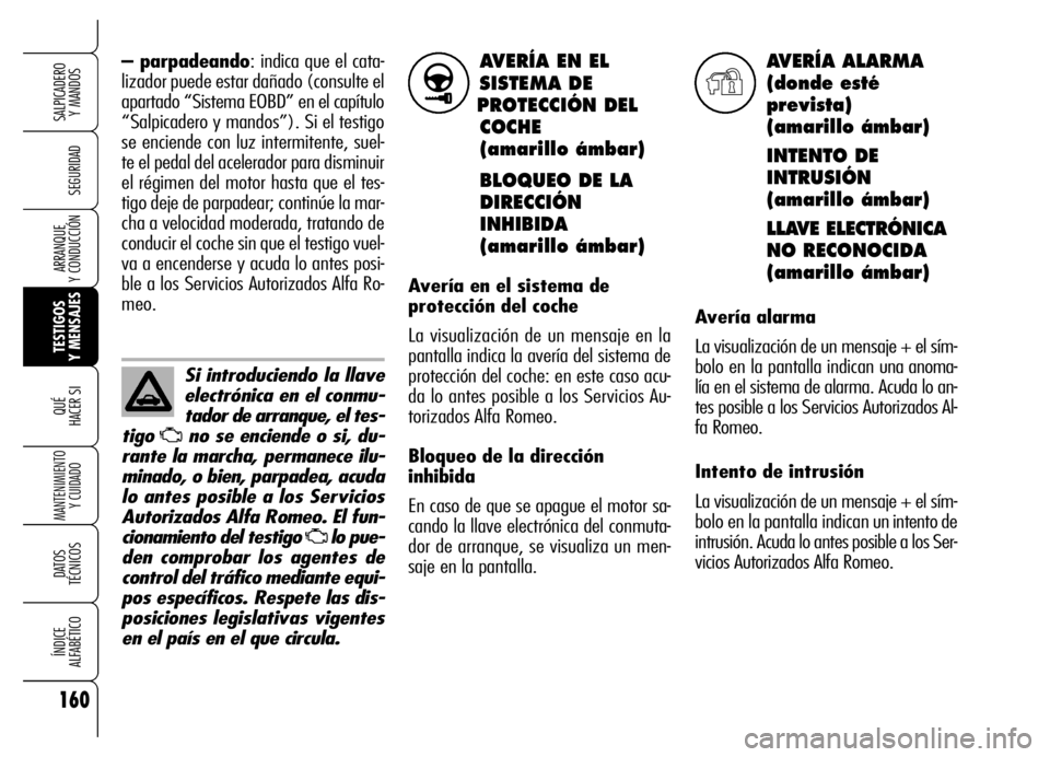 Alfa Romeo Brera/Spider 2006 Manual de Empleo y Cuidado (in Spanish) 160
SEGURIDAD
TESTIGOS
Y MENSAJES QUÉ
HACER SI
MANTENIMIENTO
Y CUIDADO
DATOS
TÉCNICOS
ÍNDICE
ALFABÉTICO
SALPICADERO
Y MANDOS
ARRANQUE
Y CONDUCCIÓN
AVERÍA EN EL
SISTEMA DE
PROTECCIÓN DEL
C Alfa Romeo Brera/Spider 2006 Manual de Empleo y Cuidado (in Spanish) 160
SEGURIDAD
TESTIGOS
Y MENSAJES QUÉ
HACER SI
MANTENIMIENTO
Y CUIDADO
DATOS
TÉCNICOS
ÍNDICE
ALFABÉTICO
SALPICADERO
Y MANDOS
ARRANQUE
Y CONDUCCIÓN
AVERÍA EN EL
SISTEMA DE
PROTECCIÓN DEL
C