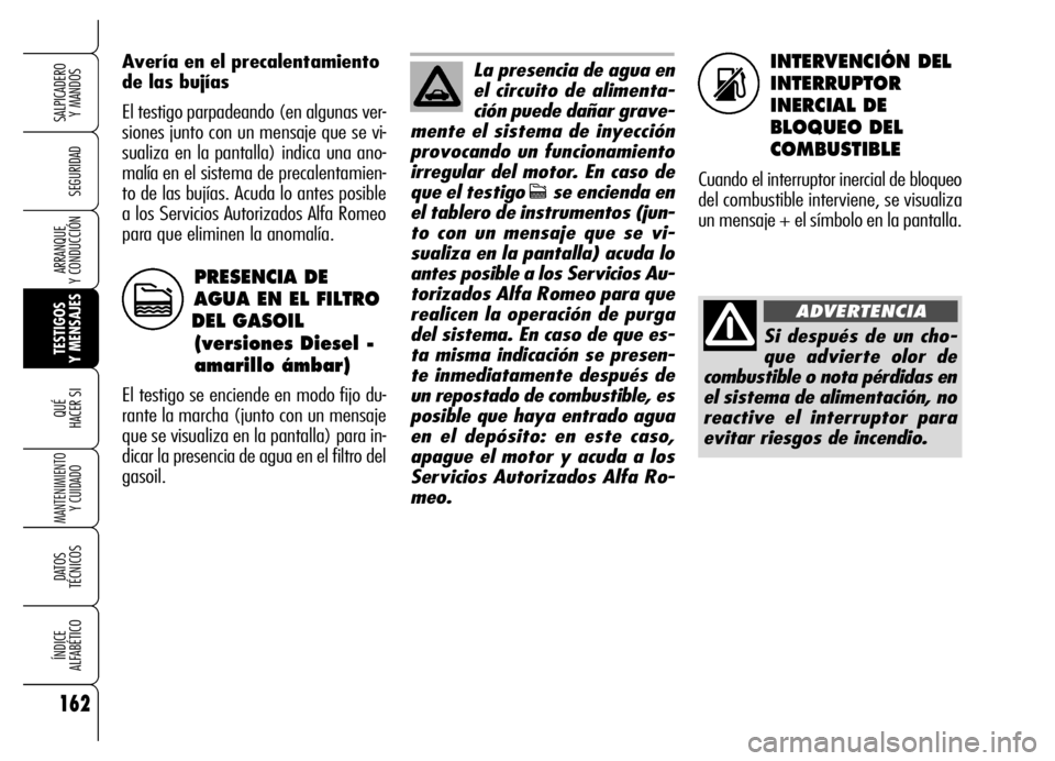 Alfa Romeo Brera/Spider 2006 Manual de Empleo y Cuidado (in Spanish) 162
SEGURIDAD
TESTIGOS
Y MENSAJES QUÉ
HACER SI
MANTENIMIENTO
Y CUIDADO
DATOS
TÉCNICOS
ÍNDICE
ALFABÉTICO
SALPICADERO
Y MANDOS
ARRANQUE
Y CONDUCCIÓN
INTERVENCIÓN DEL
INTERRUPTOR
INERCIAL DE
Alfa Romeo Brera/Spider 2006 Manual de Empleo y Cuidado (in Spanish) 162
SEGURIDAD
TESTIGOS
Y MENSAJES QUÉ
HACER SI
MANTENIMIENTO
Y CUIDADO
DATOS
TÉCNICOS
ÍNDICE
ALFABÉTICO
SALPICADERO
Y MANDOS
ARRANQUE
Y CONDUCCIÓN
INTERVENCIÓN DEL
INTERRUPTOR
INERCIAL DE