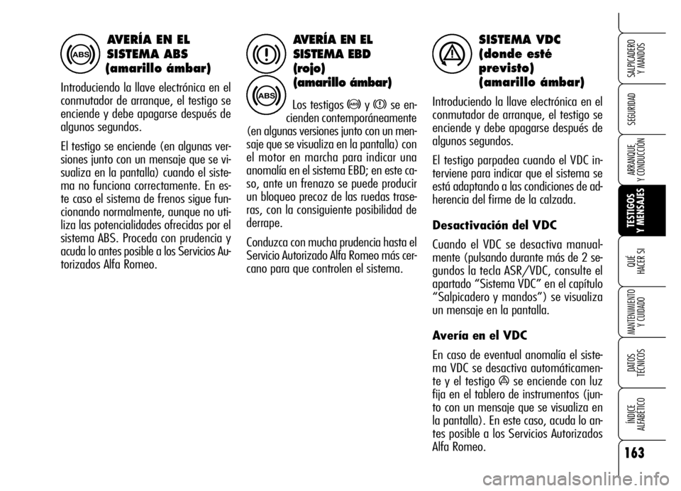 Alfa Romeo Brera/Spider 2006 Manual de Empleo y Cuidado (in Spanish) 163
SEGURIDAD
TESTIGOS
Y MENSAJES QUÉ
HACER SI
MANTENIMIENTO
Y CUIDADO
DATOS
TÉCNICOS
ÍNDICE
ALFABÉTICO
SALPICADERO
Y MANDOS
ARRANQUE
Y CONDUCCIÓN
AVERÍA EN EL
SISTEMA EBD
(rojo)
(amaril Alfa Romeo Brera/Spider 2006 Manual de Empleo y Cuidado (in Spanish) 163
SEGURIDAD
TESTIGOS
Y MENSAJES QUÉ
HACER SI
MANTENIMIENTO
Y CUIDADO
DATOS
TÉCNICOS
ÍNDICE
ALFABÉTICO
SALPICADERO
Y MANDOS
ARRANQUE
Y CONDUCCIÓN
AVERÍA EN EL
SISTEMA EBD
(rojo)
(amaril