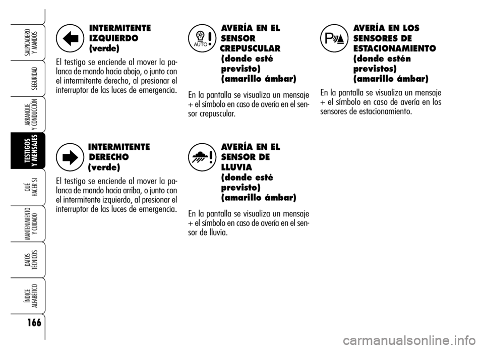 Alfa Romeo Brera/Spider 2006 Manual de Empleo y Cuidado (in Spanish) 166
SEGURIDAD
TESTIGOS
Y MENSAJES QUÉ
HACER SI
MANTENIMIENTO
Y CUIDADO
DATOS
TÉCNICOS
ÍNDICE
ALFABÉTICO
SALPICADERO
Y MANDOS
ARRANQUE
Y CONDUCCIÓN
AVERÍA EN EL
SENSOR
CREPUSCULAR
(donde e Alfa Romeo Brera/Spider 2006 Manual de Empleo y Cuidado (in Spanish) 166
SEGURIDAD
TESTIGOS
Y MENSAJES QUÉ
HACER SI
MANTENIMIENTO
Y CUIDADO
DATOS
TÉCNICOS
ÍNDICE
ALFABÉTICO
SALPICADERO
Y MANDOS
ARRANQUE
Y CONDUCCIÓN
AVERÍA EN EL
SENSOR
CREPUSCULAR
(donde e