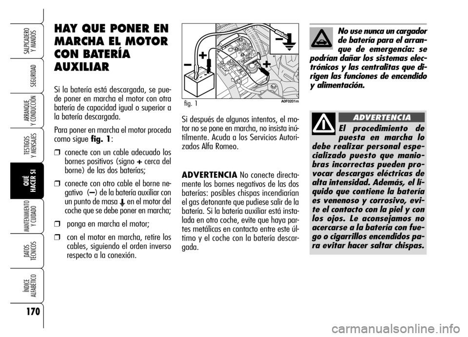 Alfa Romeo Brera/Spider 2006 Manual de Empleo y Cuidado (in Spanish) 170
SEGURIDAD
TESTIGOS
Y MENSAJES
QUÉ
HACER SI
MANTENIMIENTO
Y CUIDADO
DATOS
TÉCNICOS
ÍNDICE
ALFABÉTICO
SALPICADERO
Y MANDOS
ARRANQUE
Y CONDUCCIÓN
ADVERTENCIANo conecte directa-
mente los Alfa Romeo Brera/Spider 2006 Manual de Empleo y Cuidado (in Spanish) 170
SEGURIDAD
TESTIGOS
Y MENSAJES
QUÉ
HACER SI
MANTENIMIENTO
Y CUIDADO
DATOS
TÉCNICOS
ÍNDICE
ALFABÉTICO
SALPICADERO
Y MANDOS
ARRANQUE
Y CONDUCCIÓN
ADVERTENCIANo conecte directa-
mente los