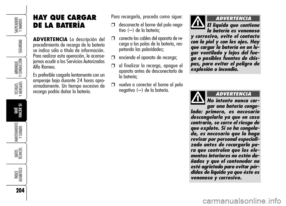Alfa Romeo Brera/Spider 2006 Manual de Empleo y Cuidado (in Spanish) 204
SEGURIDAD
TESTIGOS
Y MENSAJES
QUÉ
HACER SI
MANTENIMIENTO
Y CUIDADO
DATOS
TÉCNICOS
ÍNDICE
ALFABÉTICO
SALPICADERO
Y MANDOS
ARRANQUE
Y CONDUCCIÓN
HAY QUE CARGAR
DE LA BATERÍA
ADVERTENCIA Alfa Romeo Brera/Spider 2006 Manual de Empleo y Cuidado (in Spanish) 204
SEGURIDAD
TESTIGOS
Y MENSAJES
QUÉ
HACER SI
MANTENIMIENTO
Y CUIDADO
DATOS
TÉCNICOS
ÍNDICE
ALFABÉTICO
SALPICADERO
Y MANDOS
ARRANQUE
Y CONDUCCIÓN
HAY QUE CARGAR
DE LA BATERÍA
ADVERTENCIA