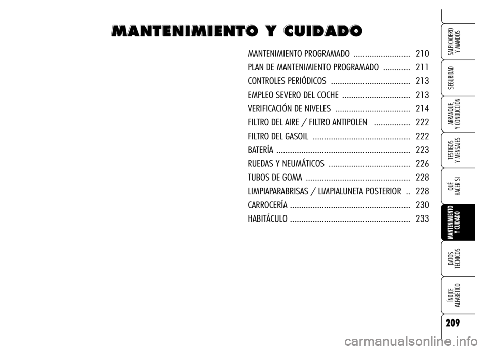 Alfa Romeo Brera/Spider 2006  Manual de Empleo y Cuidado (in Spanish) 209
SEGURIDAD
TESTIGOS 
Y MENSAJES
QUÉ
HACER SI
MANTENIMIENTO
Y CUIDADO
DATOS 
TÉCNICOS
ÍNDICE 
ALFABÉTICO 
SALPICADERO 
Y MANDOS 
ARRANQUE 
Y CONDUCCIÓN
M M M M
A A A A
N N N N
T T T T
E E E E
N