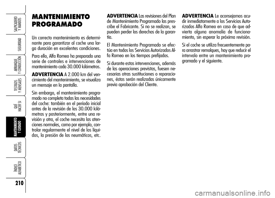 Alfa Romeo Brera/Spider 2006  Manual de Empleo y Cuidado (in Spanish) 210
SEGURIDAD
TESTIGOS 
Y MENSAJES
QUÉ
HACER SI
MANTENIMIENTO
Y CUIDADO
DATOS 
TÉCNICOS
ÍNDICE 
ALFABÉTICO
SALPICADERO 
Y MANDOS 
ARRANQUE 
Y CONDUCCIÓN
MANTENIMIENTO
PROGRAMADO
Un correcto mante