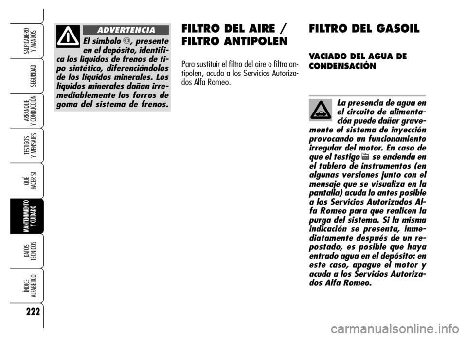 Alfa Romeo Brera/Spider 2006 Manual de Empleo y Cuidado (in Spanish) 222
SEGURIDAD
TESTIGOS
Y MENSAJES
QUÉ
HACER SI
MANTENIMIENTO
Y CUIDADO
DATOS
TÉCNICOS
ÍNDICE
ALFABÉTICO
SALPICADERO
Y MANDOS
ARRANQUE
Y CONDUCCIÓN
El símbolo π, presente
en el depósito, Alfa Romeo Brera/Spider 2006 Manual de Empleo y Cuidado (in Spanish) 222
SEGURIDAD
TESTIGOS
Y MENSAJES
QUÉ
HACER SI
MANTENIMIENTO
Y CUIDADO
DATOS
TÉCNICOS
ÍNDICE
ALFABÉTICO
SALPICADERO
Y MANDOS
ARRANQUE
Y CONDUCCIÓN
El símbolo π, presente
en el depósito,