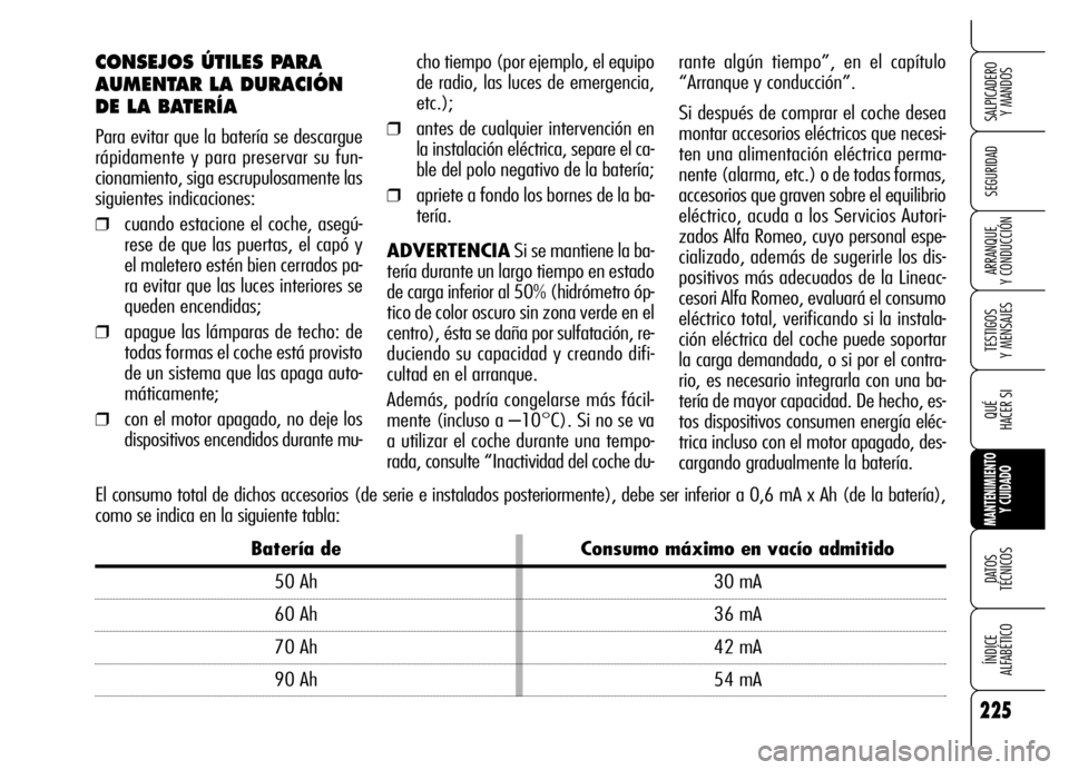Alfa Romeo Brera/Spider 2006 Manual de Empleo y Cuidado (in Spanish) 225
SEGURIDAD
TESTIGOS
Y MENSAJES
QUÉ
HACER SI
MANTENIMIENTO
Y CUIDADO
DATOS
TÉCNICOS
ÍNDICE
ALFABÉTICO
SALPICADERO
Y MANDOS
ARRANQUE
Y CONDUCCIÓN
CONSEJOS ÚTILES PARA
AUMENTAR LA DURACI Alfa Romeo Brera/Spider 2006 Manual de Empleo y Cuidado (in Spanish) 225
SEGURIDAD
TESTIGOS
Y MENSAJES
QUÉ
HACER SI
MANTENIMIENTO
Y CUIDADO
DATOS
TÉCNICOS
ÍNDICE
ALFABÉTICO
SALPICADERO
Y MANDOS
ARRANQUE
Y CONDUCCIÓN
CONSEJOS ÚTILES PARA
AUMENTAR LA DURACI