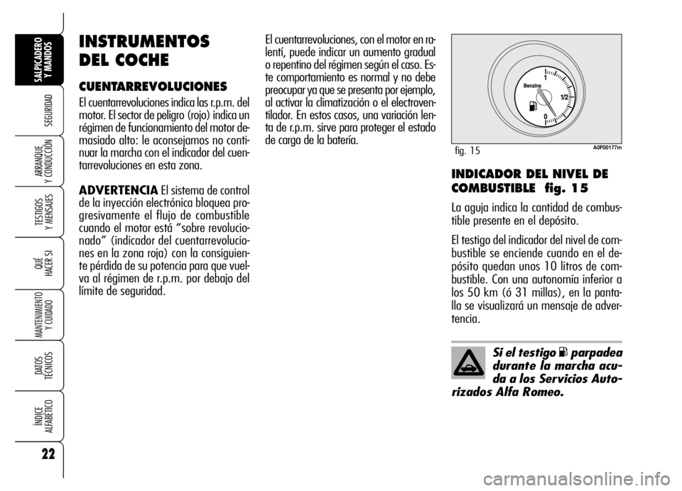 Alfa Romeo Brera/Spider 2006 Manual de Empleo y Cuidado (in Spanish) 22
SEGURIDAD
TESTIGOS
Y MENSAJES
QUÉ
HACER SI
MANTENIMIENTO
Y CUIDADO
DATOS
TÉCNICOS
ÍNDICE
ALFABÉTICO
SALPICADERO
Y MANDOS
ARRANQUE
Y CONDUCCIÓNINDICADOR DEL NIVEL DE
COMBUSTIBLE fig. 15
L Alfa Romeo Brera/Spider 2006 Manual de Empleo y Cuidado (in Spanish) 22
SEGURIDAD
TESTIGOS
Y MENSAJES
QUÉ
HACER SI
MANTENIMIENTO
Y CUIDADO
DATOS
TÉCNICOS
ÍNDICE
ALFABÉTICO
SALPICADERO
Y MANDOS
ARRANQUE
Y CONDUCCIÓNINDICADOR DEL NIVEL DE
COMBUSTIBLE fig. 15
L