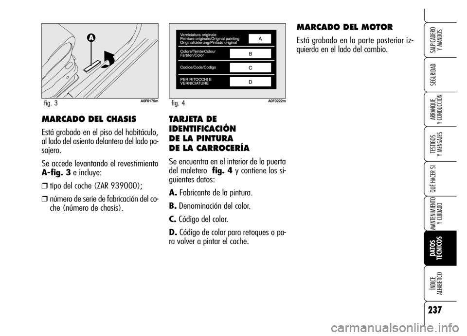 Alfa Romeo Brera/Spider 2006 Manual de Empleo y Cuidado (in Spanish) TARJETA DE
IDENTIFICACIÓN
DE LA PINTURA
DE LA CARROCERÍA
Se encuentra en el interior de la puerta
del maletero fig. 4y contiene los si-
guientes datos:
A.Fabricante de la pintura.
B.Denominación Alfa Romeo Brera/Spider 2006 Manual de Empleo y Cuidado (in Spanish) TARJETA DE
IDENTIFICACIÓN
DE LA PINTURA
DE LA CARROCERÍA
Se encuentra en el interior de la puerta
del maletero fig. 4y contiene los si-
guientes datos:
A.Fabricante de la pintura.
B.Denominación