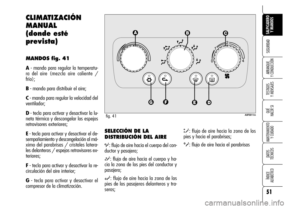Alfa Romeo Brera/Spider 2006  Manual de Empleo y Cuidado (in Spanish) 51
SEGURIDAD
TESTIGOS 
Y MENSAJES
QUÉ
HACER SI
MANTENIMIENTO
Y CUIDADO
DATOS 
TÉCNICOS
ÍNDICE 
ALFABÉTICO 
SALPICADERO
Y MANDOS 
ARRANQUE 
Y CONDUCCIÓN
SELECCIÓN DE LA
DISTRIBUCIÓN DEL AIRE
O: 