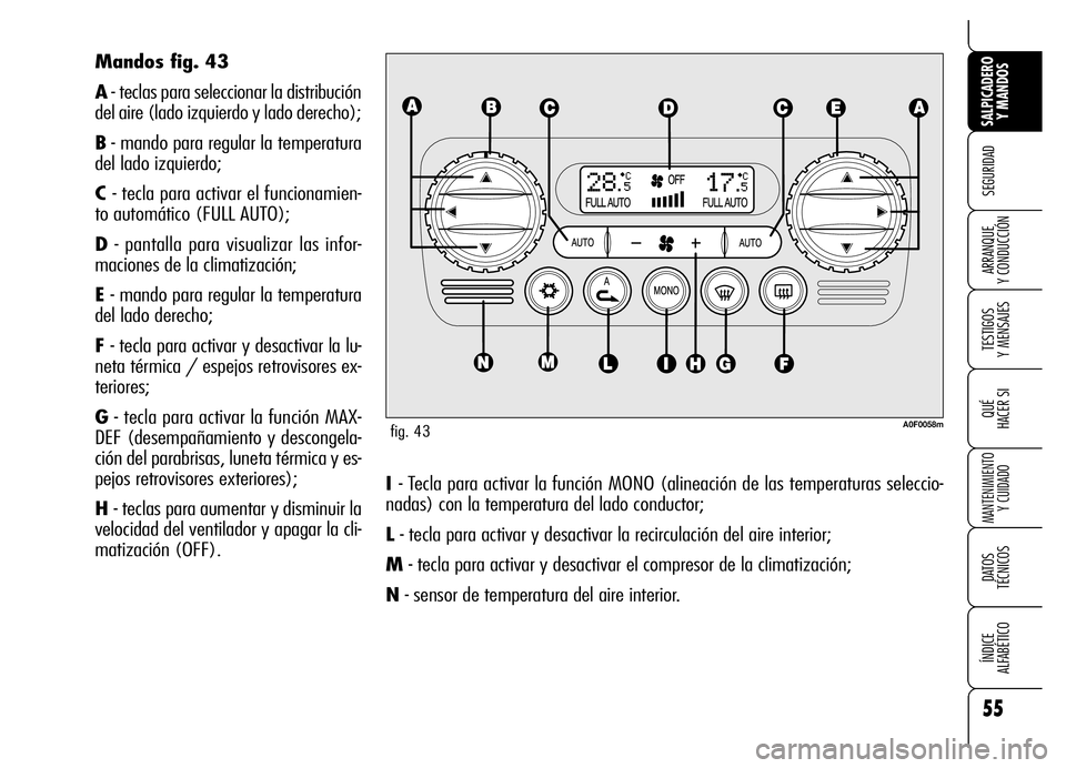 Alfa Romeo Brera/Spider 2006  Manual de Empleo y Cuidado (in Spanish) 55
SEGURIDAD
TESTIGOS 
Y MENSAJES
QUÉ
HACER SI
MANTENIMIENTO
Y CUIDADO
DATOS 
TÉCNICOS
ÍNDICE 
ALFABÉTICO 
SALPICADERO
Y MANDOS 
ARRANQUE 
Y CONDUCCIÓN
I - Tecla para activar la función MONO (al