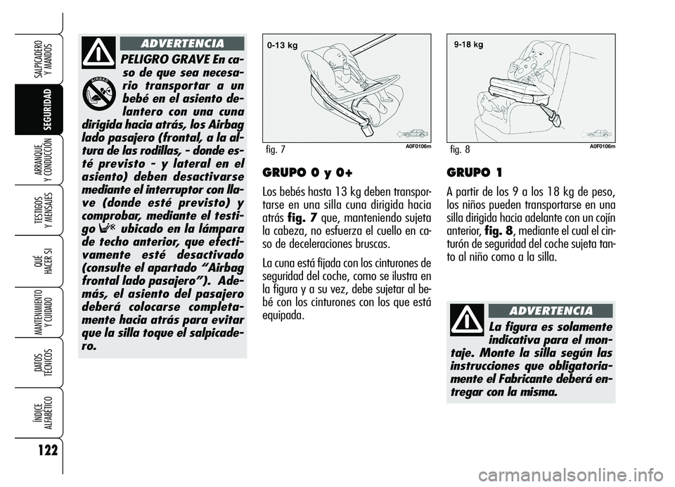 Alfa Romeo Brera/Spider 2007  Manual de Empleo y Cuidado (in Spanish) 122
SEGURIDAD TESTIGOS 
Y MENSAJES
QUÉ
HACER SI
MANTENIMIENTO
Y CUIDADO
DATOS 
TÉCNICOS
ÍNDICE 
ALFABÉTICO
SALPICADERO 
Y MANDOS 
ARRANQUE 
Y CONDUCCIÓNGRUPO 0 y 0+
Los bebés hasta 13 kg deben t