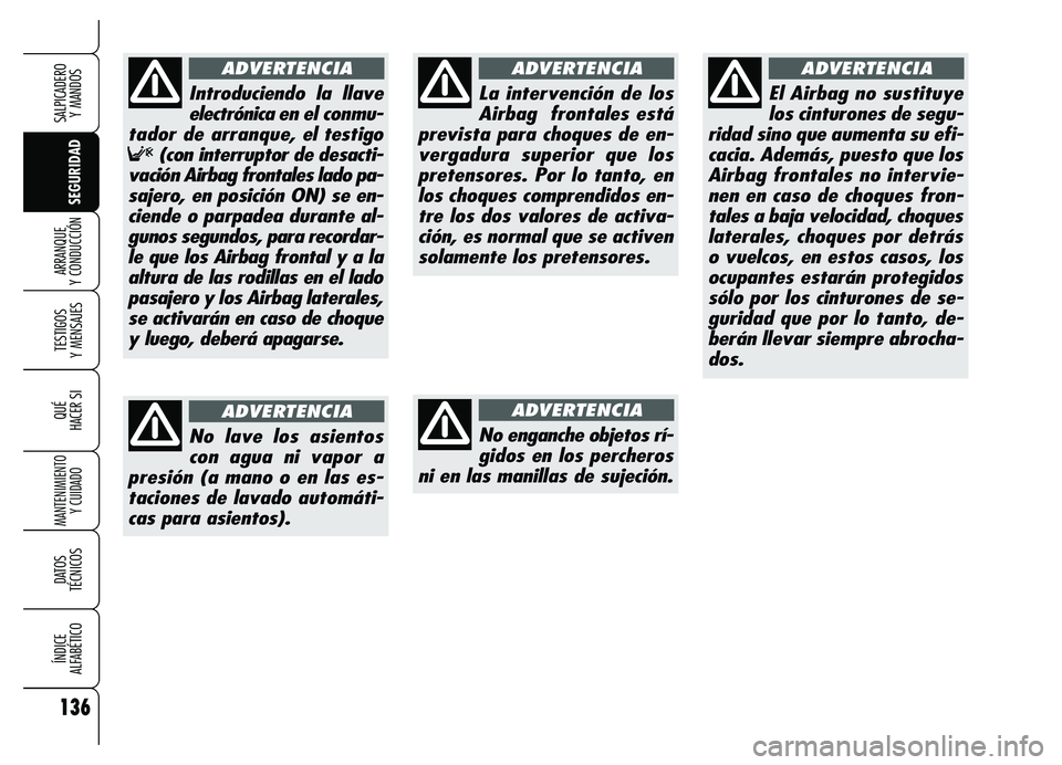 Alfa Romeo Brera/Spider 2007  Manual de Empleo y Cuidado (in Spanish) 136
SEGURIDAD TESTIGOS 
Y MENSAJES
QUÉ
HACER SI
MANTENIMIENTO
Y CUIDADO
DATOS 
TÉCNICOS
ÍNDICE 
ALFABÉTICO
SALPICADERO 
Y MANDOS 
ARRANQUE 
Y CONDUCCIÓN
La intervención de los
Airbag frontales e