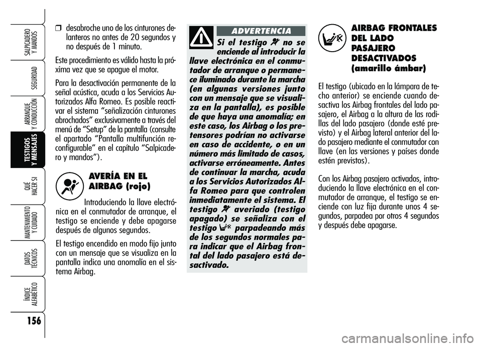 Alfa Romeo Brera/Spider 2007  Manual de Empleo y Cuidado (in Spanish) 156
SEGURIDAD
TESTIGOS 
Y MENSAJES QUÉ
HACER SI
MANTENIMIENTO
Y CUIDADO
DATOS 
TÉCNICOS
ÍNDICE 
ALFABÉTICO
SALPICADERO 
Y MANDOS 
ARRANQUE 
Y CONDUCCIÓN
AVERÍA EN EL
AIRBAG (rojo)
Introduciendo 