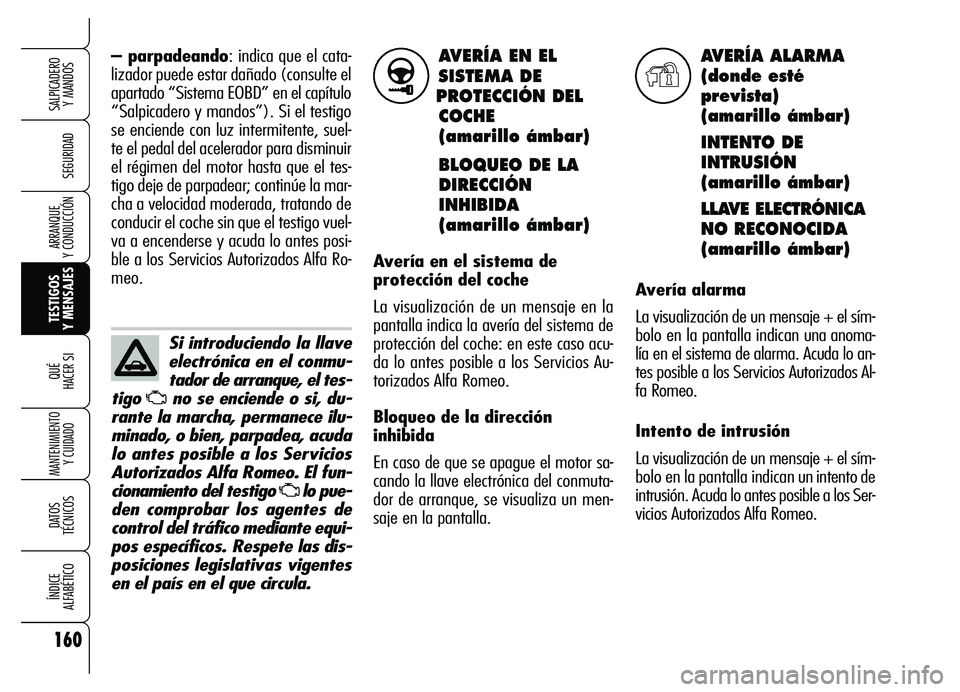 Alfa Romeo Brera/Spider 2007 Manual de Empleo y Cuidado (in Spanish) 160
SEGURIDAD
TESTIGOS
Y MENSAJES QUÉ
HACER SI
MANTENIMIENTO
Y CUIDADO
DATOS
TÉCNICOS
ÍNDICE
ALFABÉTICO
SALPICADERO
Y MANDOS
ARRANQUE
Y CONDUCCIÓN
AVERÍA EN EL
SISTEMA DE
PROTECCIÓN DEL
C Alfa Romeo Brera/Spider 2007 Manual de Empleo y Cuidado (in Spanish) 160
SEGURIDAD
TESTIGOS
Y MENSAJES QUÉ
HACER SI
MANTENIMIENTO
Y CUIDADO
DATOS
TÉCNICOS
ÍNDICE
ALFABÉTICO
SALPICADERO
Y MANDOS
ARRANQUE
Y CONDUCCIÓN
AVERÍA EN EL
SISTEMA DE
PROTECCIÓN DEL
C