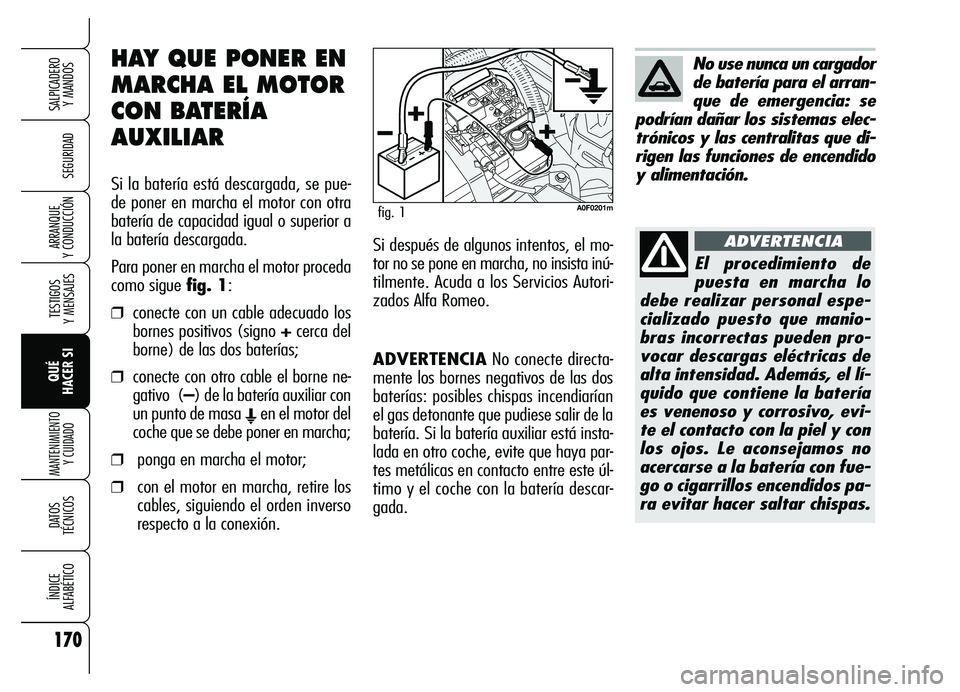 Alfa Romeo Brera/Spider 2007 Manual de Empleo y Cuidado (in Spanish) 170
SEGURIDAD
TESTIGOS
Y MENSAJES
QUÉ
HACER SI
MANTENIMIENTO
Y CUIDADO
DATOS
TÉCNICOS
ÍNDICE
ALFABÉTICO
SALPICADERO
Y MANDOS
ARRANQUE
Y CONDUCCIÓN
ADVERTENCIANo conecte directa-
mente los Alfa Romeo Brera/Spider 2007 Manual de Empleo y Cuidado (in Spanish) 170
SEGURIDAD
TESTIGOS
Y MENSAJES
QUÉ
HACER SI
MANTENIMIENTO
Y CUIDADO
DATOS
TÉCNICOS
ÍNDICE
ALFABÉTICO
SALPICADERO
Y MANDOS
ARRANQUE
Y CONDUCCIÓN
ADVERTENCIANo conecte directa-
mente los