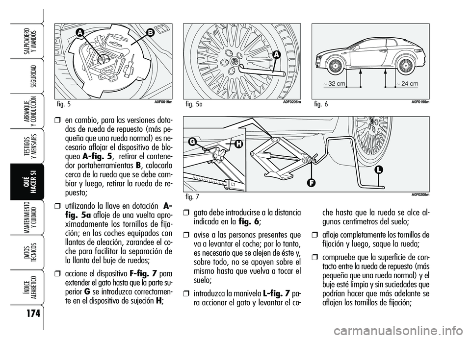 Alfa Romeo Brera/Spider 2007  Manual de Empleo y Cuidado (in Spanish) 174
SEGURIDAD
TESTIGOS 
Y MENSAJES
QUÉ 
HACER SI
MANTENIMIENTO
Y CUIDADO
DATOS 
TÉCNICOS
ÍNDICE 
ALFABÉTICO
SALPICADERO 
Y MANDOS 
ARRANQUE 
Y CONDUCCIÓN
che hasta que la rueda se alce al-
gunos 