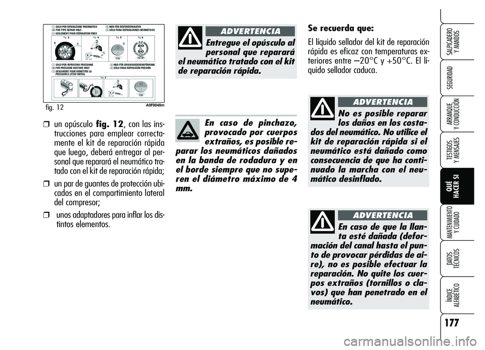 Alfa Romeo Brera/Spider 2007  Manual de Empleo y Cuidado (in Spanish) 177
SEGURIDAD
TESTIGOS 
Y MENSAJES
QUÉ 
HACER SI
MANTENIMIENTO
Y CUIDADO
DATOS 
TÉCNICOS
ÍNDICE 
ALFABÉTICO 
SALPICADERO 
Y MANDOS 
ARRANQUE 
Y CONDUCCIÓN
A0F0048mfig. 12
Se recuerda que:
El líq
