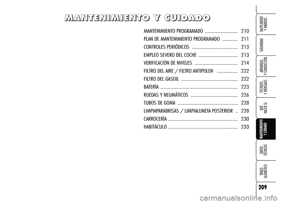 Alfa Romeo Brera/Spider 2007  Manual de Empleo y Cuidado (in Spanish) 209
SEGURIDAD
TESTIGOS 
Y MENSAJES
QUÉ
HACER SI
MANTENIMIENTO
Y CUIDADO
DATOS 
TÉCNICOS
ÍNDICE 
ALFABÉTICO 
SALPICADERO 
Y MANDOS 
ARRANQUE 
Y CONDUCCIÓN
M M M M
A A A A
N N N N
T T T T
E E E E
N