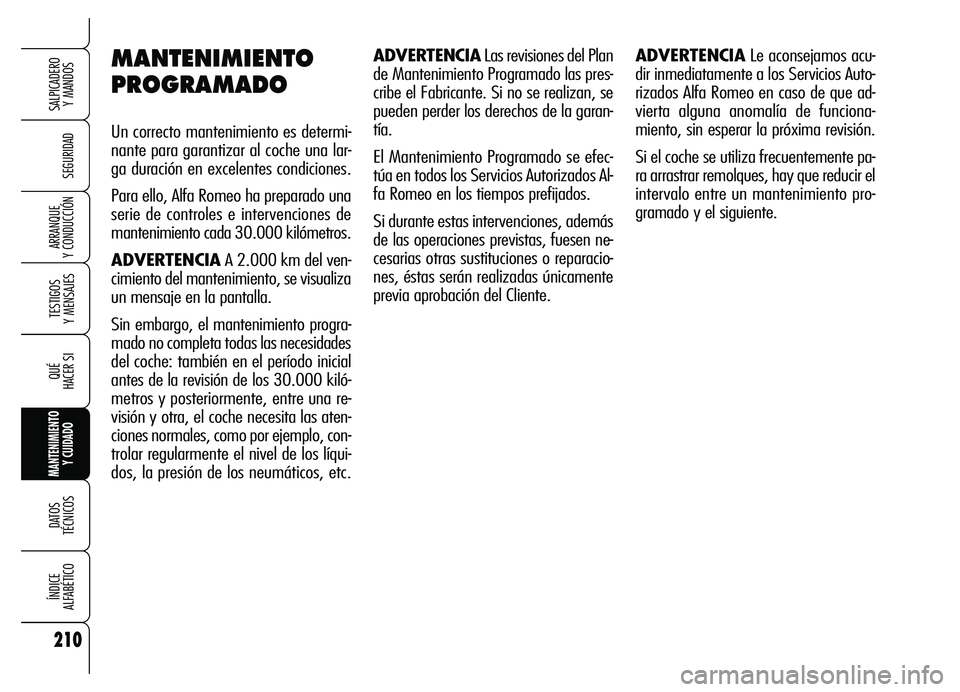 Alfa Romeo Brera/Spider 2007  Manual de Empleo y Cuidado (in Spanish) 210
SEGURIDAD
TESTIGOS 
Y MENSAJES
QUÉ
HACER SI
MANTENIMIENTO
Y CUIDADO
DATOS 
TÉCNICOS
ÍNDICE 
ALFABÉTICO
SALPICADERO 
Y MANDOS 
ARRANQUE 
Y CONDUCCIÓN
MANTENIMIENTO
PROGRAMADO
Un correcto mante