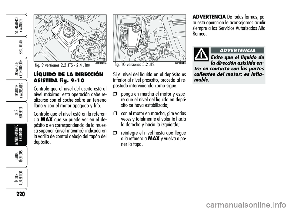 Alfa Romeo Brera/Spider 2007  Manual de Empleo y Cuidado (in Spanish) 220
SEGURIDAD
TESTIGOS 
Y MENSAJES
QUÉ
HACER SI
MANTENIMIENTO
Y CUIDADO
DATOS 
TÉCNICOS
ÍNDICE 
ALFABÉTICO
SALPICADERO 
Y MANDOS 
ARRANQUE 
Y CONDUCCIÓNLÍQUIDO DE LA DIRECCIÓN
ASISTIDA fig. 9-1