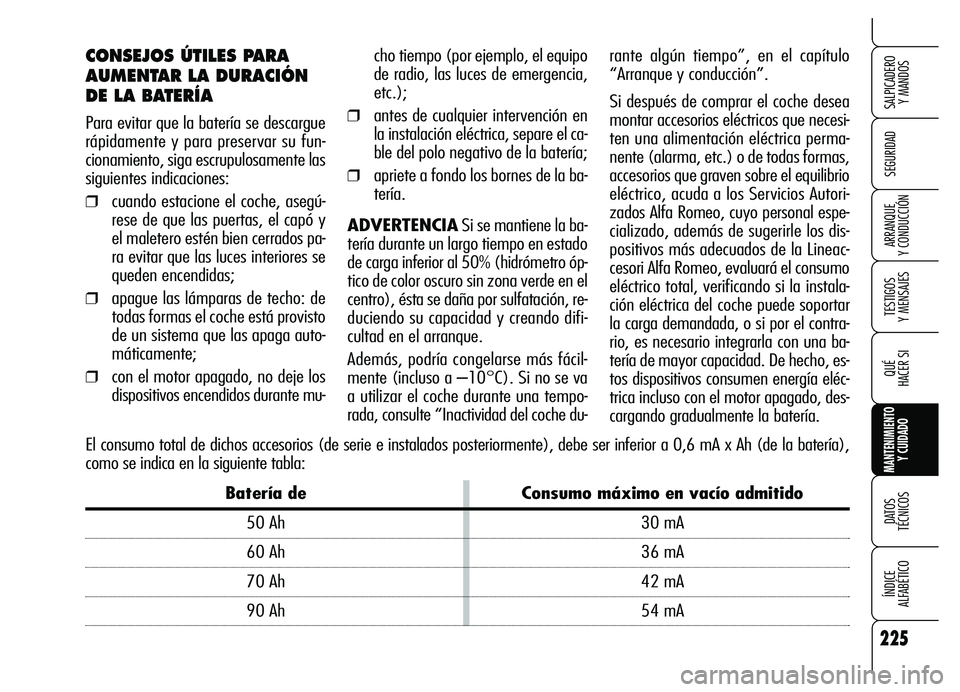 Alfa Romeo Brera/Spider 2007  Manual de Empleo y Cuidado (in Spanish) 225
SEGURIDAD
TESTIGOS 
Y MENSAJES
QUÉ
HACER SI
MANTENIMIENTO
Y CUIDADO
DATOS 
TÉCNICOS
ÍNDICE 
ALFABÉTICO 
SALPICADERO 
Y MANDOS 
ARRANQUE 
Y CONDUCCIÓN
CONSEJOS ÚTILES PARA
AUMENTAR LA DURACI