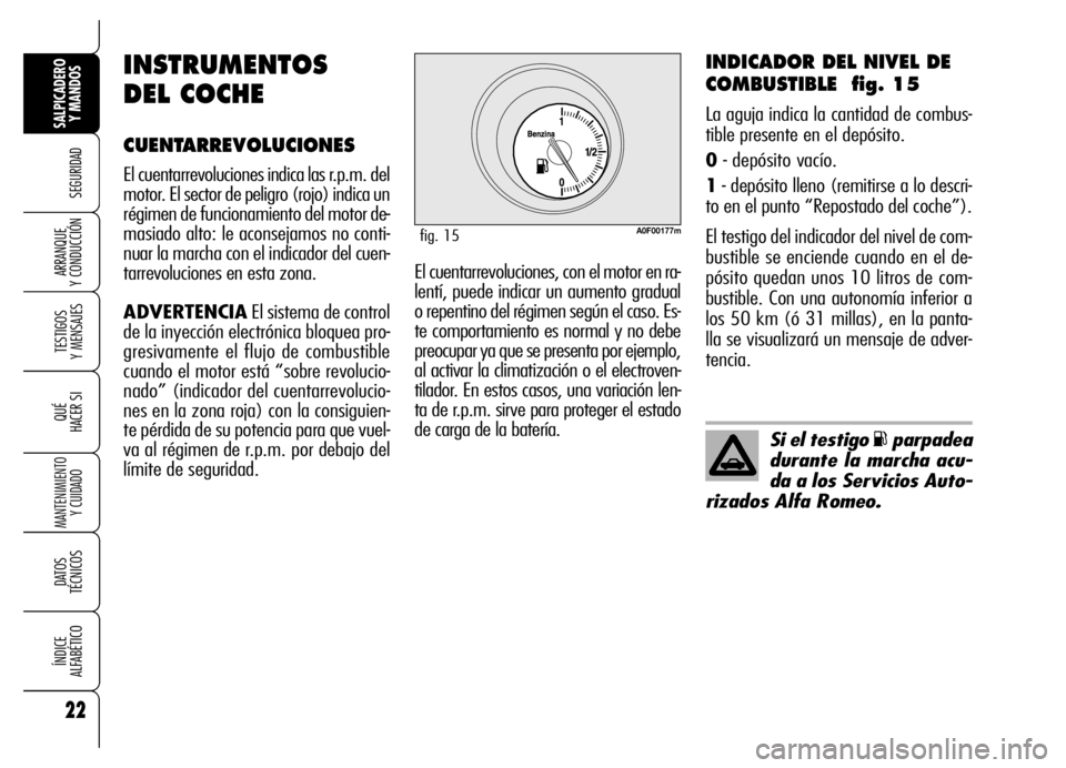 Alfa Romeo Brera/Spider 2007 Manual de Empleo y Cuidado (in Spanish) 22
SEGURIDAD
TESTIGOS
Y MENSAJES
QUÉ
HACER SI
MANTENIMIENTO
Y CUIDADO
DATOS
TÉCNICOS
ÍNDICE
ALFABÉTICO
SALPICADERO
Y MANDOS
ARRANQUE
Y CONDUCCIÓN
INDICADOR DEL NIVEL DE
COMBUSTIBLE fig. 15
Alfa Romeo Brera/Spider 2007 Manual de Empleo y Cuidado (in Spanish) 22
SEGURIDAD
TESTIGOS
Y MENSAJES
QUÉ
HACER SI
MANTENIMIENTO
Y CUIDADO
DATOS
TÉCNICOS
ÍNDICE
ALFABÉTICO
SALPICADERO
Y MANDOS
ARRANQUE
Y CONDUCCIÓN
INDICADOR DEL NIVEL DE
COMBUSTIBLE fig. 15