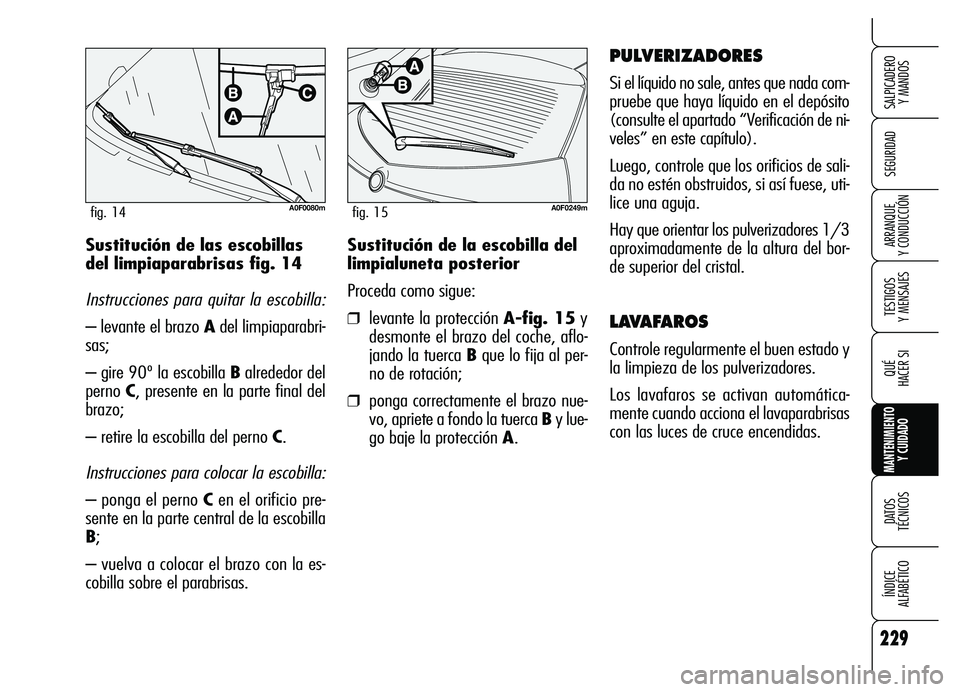 Alfa Romeo Brera/Spider 2007  Manual de Empleo y Cuidado (in Spanish) 229
SEGURIDAD
TESTIGOS 
Y MENSAJES
QUÉ
HACER SI
MANTENIMIENTO
Y CUIDADO
DATOS 
TÉCNICOS
ÍNDICE 
ALFABÉTICO 
SALPICADERO 
Y MANDOS 
ARRANQUE 
Y CONDUCCIÓNSustitución de la escobilla del
limpialun