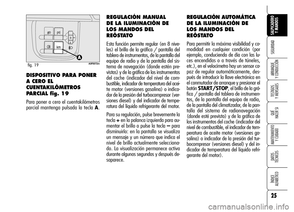 Alfa Romeo Brera/Spider 2007 Manual de Empleo y Cuidado (in Spanish) 25
SEGURIDAD
TESTIGOS
Y MENSAJES
QUÉ
HACER SI
MANTENIMIENTO
Y CUIDADO
DATOS
TÉCNICOS
ÍNDICE
ALFABÉTICO
SALPICADERO
Y MANDOS
ARRANQUE
Y CONDUCCIÓN
REGULACIÓN AUTOMÁTICA
DE LA ILUMINACIÓN Alfa Romeo Brera/Spider 2007 Manual de Empleo y Cuidado (in Spanish) 25
SEGURIDAD
TESTIGOS
Y MENSAJES
QUÉ
HACER SI
MANTENIMIENTO
Y CUIDADO
DATOS
TÉCNICOS
ÍNDICE
ALFABÉTICO
SALPICADERO
Y MANDOS
ARRANQUE
Y CONDUCCIÓN
REGULACIÓN AUTOMÁTICA
DE LA ILUMINACIÓN