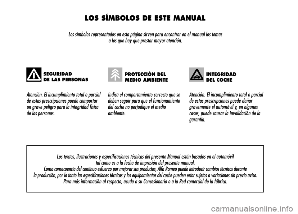 Alfa Romeo Brera/Spider 2007 Manual de Empleo y Cuidado (in Spanish) LOS SÍMBOLOS DE ESTE MANUAL
Los símbolos representados en esta página sirven para encontrar en el manual los temas
a los que hay que prestar mayor atención.
Atención. El incumplimiento total o p Alfa Romeo Brera/Spider 2007 Manual de Empleo y Cuidado (in Spanish) LOS SÍMBOLOS DE ESTE MANUAL
Los símbolos representados en esta página sirven para encontrar en el manual los temas
a los que hay que prestar mayor atención.
Atención. El incumplimiento total o p