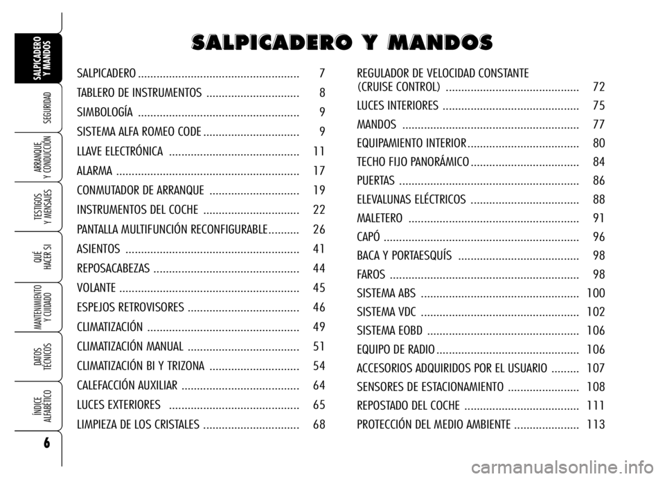 Alfa Romeo Brera/Spider 2007 Manual de Empleo y Cuidado (in Spanish) 6
SEGURIDAD
TESTIGOS
Y MENSAJES
QUÉ
HACER SI
MANTENIMIENTO
Y CUIDADO
DATOS
TÉCNICOS
ÍNDICE
ALFABÉTICO
SALPICADERO
Y MANDOS
ARRANQUE
Y CONDUCCIÓN
6
S S S S
A A A A
L L L L
P P P P
I I I I
C C Alfa Romeo Brera/Spider 2007 Manual de Empleo y Cuidado (in Spanish) 6
SEGURIDAD
TESTIGOS
Y MENSAJES
QUÉ
HACER SI
MANTENIMIENTO
Y CUIDADO
DATOS
TÉCNICOS
ÍNDICE
ALFABÉTICO
SALPICADERO
Y MANDOS
ARRANQUE
Y CONDUCCIÓN
6
S S S S
A A A A
L L L L
P P P P
I I I I
C C