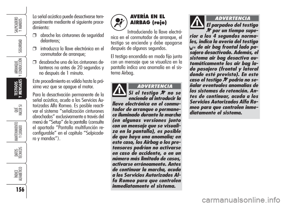 Alfa Romeo Brera/Spider 2008  Manual de Empleo y Cuidado (in Spanish) 156
SEGURIDAD
TESTIGOS
Y MENSAJES
QUÉ
HACER SI
MANTENIMIENTO
Y CUIDADO
DATOS 
TÉCNICOS
ÍNDICE
ALFABÉTICO
SALPICADERO
Y MANDOS 
ARRANQUE
Y CONDUCCIÓN
AVERÍA EN EL
AIRBAG (rojo)
Introduciendo la l
