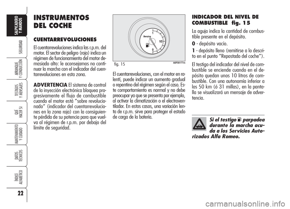 Alfa Romeo Brera/Spider 2008  Manual de Empleo y Cuidado (in Spanish) 22
SEGURIDAD
TESTIGOS
Y MENSAJES
QUÉ
HACER SI
MANTENIMIENTO
Y CUIDADO
DATOS 
TÉCNICOS
ÍNDICE
ALFABÉTICO
SALPICADERO
Y MANDOS 
ARRANQUE
Y CONDUCCIÓN
INDICADOR DEL NIVEL DE
COMBUSTIBLE  fig. 15
La 