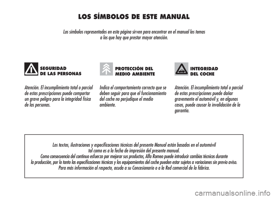 Alfa Romeo Brera/Spider 2008  Manual de Empleo y Cuidado (in Spanish) LOS SÍMBOLOS DE ESTE MANUAL
Los símbolos representados en esta página sirven para encontrar en el manual los temas 
a los que hay que prestar mayor atención.
Atención. El incumplimiento total o p