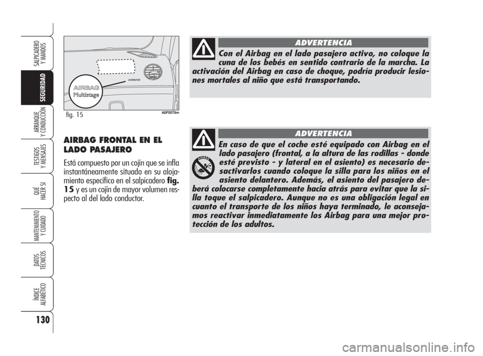 Alfa Romeo Brera/Spider 2009 Manual de Empleo y Cuidado (in Spanish) 130
SEGURIDAD
TESTIGOS
Y MENSAJES
QUÉ
HACER SI
MANTENIMIENTO
Y CUIDADO
DATOS
TÉCNICOS
ÍNDICE
ALFABÉTICO
SALPICADERO
Y MANDOS
ARRANQUE
Y CONDUCCIÓN
En caso de que el coche esté equipado con Air Alfa Romeo Brera/Spider 2009 Manual de Empleo y Cuidado (in Spanish) 130
SEGURIDAD
TESTIGOS
Y MENSAJES
QUÉ
HACER SI
MANTENIMIENTO
Y CUIDADO
DATOS
TÉCNICOS
ÍNDICE
ALFABÉTICO
SALPICADERO
Y MANDOS
ARRANQUE
Y CONDUCCIÓN
En caso de que el coche esté equipado con Air