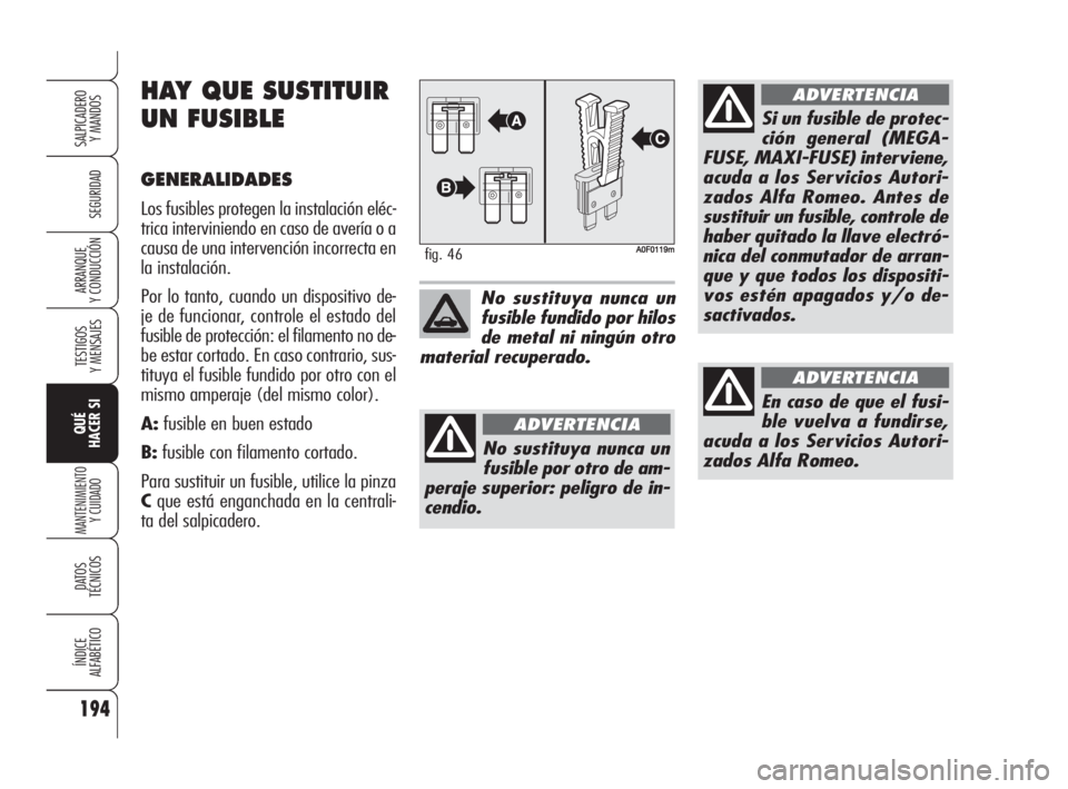 Alfa Romeo Brera/Spider 2009 Manual de Empleo y Cuidado (in Spanish) 194
SEGURIDAD
TESTIGOS
Y MENSAJES
QUÉ
HACER SI
MANTENIMIENTO
Y CUIDADO
DATOS
TÉCNICOS
ÍNDICE
ALFABÉTICO
SALPICADERO
Y MANDOS
ARRANQUE
Y CONDUCCIÓN
AA0F0119mfig. 46
No sustituya nunca un
fusible Alfa Romeo Brera/Spider 2009 Manual de Empleo y Cuidado (in Spanish) 194
SEGURIDAD
TESTIGOS
Y MENSAJES
QUÉ
HACER SI
MANTENIMIENTO
Y CUIDADO
DATOS
TÉCNICOS
ÍNDICE
ALFABÉTICO
SALPICADERO
Y MANDOS
ARRANQUE
Y CONDUCCIÓN
AA0F0119mfig. 46
No sustituya nunca un
fusible