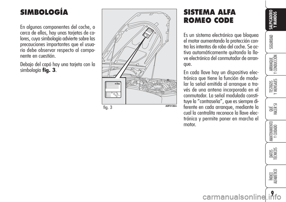 Alfa Romeo Brera/Spider 2010  Manual de Empleo y Cuidado (in Spanish) 9
SEGURIDAD
TESTIGOS
Y MENSAJES
QUÉ
HACER SI
MANTENIMIENTO
Y CUIDADO
DATOS 
TÉCNICOS
ÍNDICE
ALFABÉTICO 
SALPICADERO
Y MANDOS 
ARRANQUE
Y CONDUCCIÓN
SISTEMA ALFA
ROMEO CODE
Es un sistema electrón