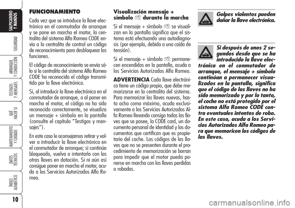 Alfa Romeo Brera/Spider 2010  Manual de Empleo y Cuidado (in Spanish) 10
SEGURIDAD
TESTIGOS
Y MENSAJES
QUÉ
HACER SI
MANTENIMIENTO
Y CUIDADO
DATOS 
TÉCNICOS
ÍNDICE
ALFABÉTICO
SALPICADERO
Y MANDOS 
ARRANQUE
Y CONDUCCIÓN
Visualización mensaje +
símbolo
Ydurante la m