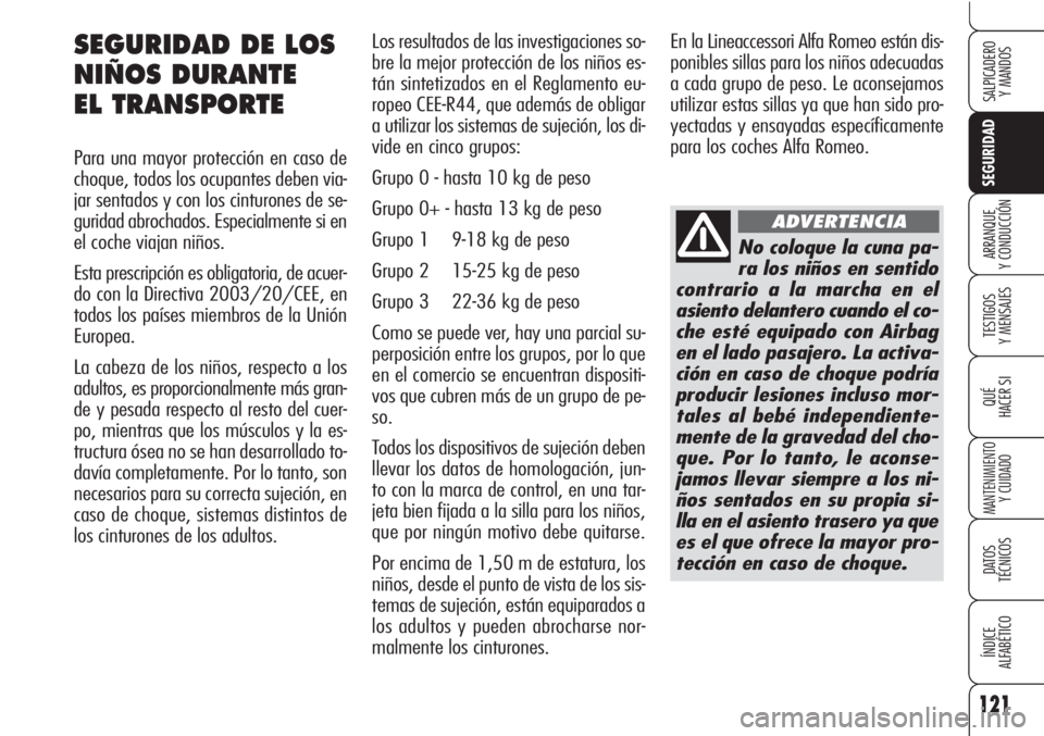 Alfa Romeo Brera/Spider 2010 Manual de Empleo y Cuidado (in Spanish) 121
SEGURIDAD
TESTIGOS
Y MENSAJES
QUÉ
HACER SI
MANTENIMIENTO
Y CUIDADO
DATOS
TÉCNICOS
ÍNDICE
ALFABÉTICO
SALPICADERO
Y MANDOS
ARRANQUE
Y CONDUCCIÓN
Los resultados de las investigaciones so-
bre Alfa Romeo Brera/Spider 2010 Manual de Empleo y Cuidado (in Spanish) 121
SEGURIDAD
TESTIGOS
Y MENSAJES
QUÉ
HACER SI
MANTENIMIENTO
Y CUIDADO
DATOS
TÉCNICOS
ÍNDICE
ALFABÉTICO
SALPICADERO
Y MANDOS
ARRANQUE
Y CONDUCCIÓN
Los resultados de las investigaciones so-
bre