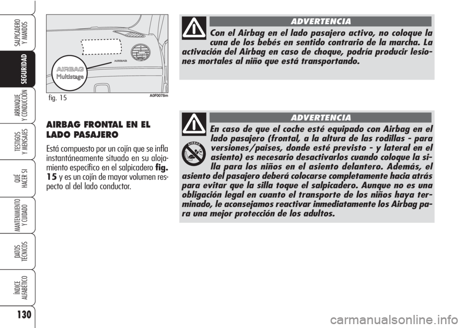 Alfa Romeo Brera/Spider 2010  Manual de Empleo y Cuidado (in Spanish) 130
SEGURIDAD
TESTIGOS
Y MENSAJES
QUÉ
HACER SI
MANTENIMIENTO
Y CUIDADO
DATOS 
TÉCNICOS
ÍNDICE
ALFABÉTICO
SALPICADERO
Y MANDOS 
ARRANQUE
Y CONDUCCIÓN
En caso de que el coche esté equipado con Air