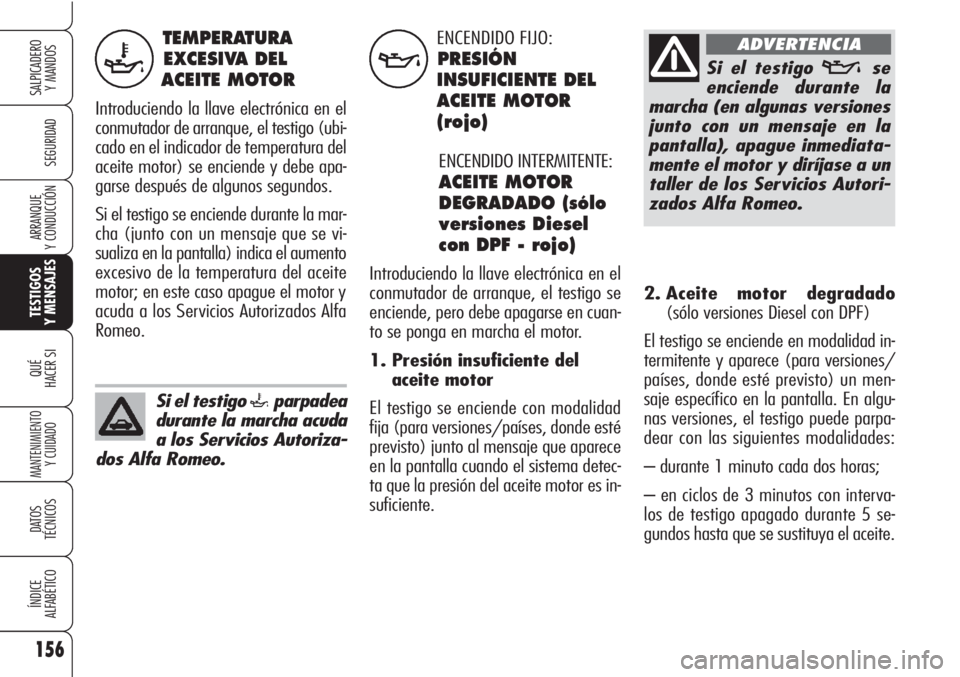 Alfa Romeo Brera/Spider 2010 Manual de Empleo y Cuidado (in Spanish) 156
SEGURIDAD
TESTIGOS
Y MENSAJES
QUÉ
HACER SI
MANTENIMIENTO
Y CUIDADO
DATOS
TÉCNICOS
ÍNDICE
ALFABÉTICO
SALPICADERO
Y MANDOS
ARRANQUE
Y CONDUCCIÓN
TEMPERATURA
EXCESIVA DEL
ACEITE MOTOR
Introd Alfa Romeo Brera/Spider 2010 Manual de Empleo y Cuidado (in Spanish) 156
SEGURIDAD
TESTIGOS
Y MENSAJES
QUÉ
HACER SI
MANTENIMIENTO
Y CUIDADO
DATOS
TÉCNICOS
ÍNDICE
ALFABÉTICO
SALPICADERO
Y MANDOS
ARRANQUE
Y CONDUCCIÓN
TEMPERATURA
EXCESIVA DEL
ACEITE MOTOR
Introd