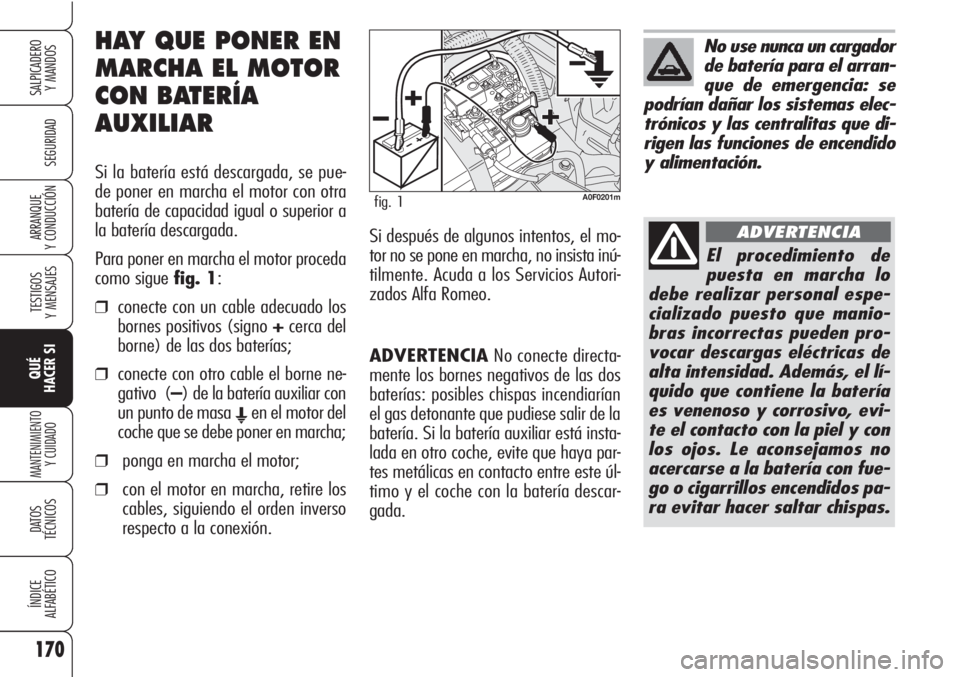 Alfa Romeo Brera/Spider 2010 Manual de Empleo y Cuidado (in Spanish) 170
SEGURIDAD
TESTIGOS
Y MENSAJES
QUÉ
HACER SI
MANTENIMIENTO
Y CUIDADO
DATOS
TÉCNICOS
ÍNDICE
ALFABÉTICO
SALPICADERO
Y MANDOS
ARRANQUE
Y CONDUCCIÓN
ADVERTENCIANo conecte directa-
mente los borne Alfa Romeo Brera/Spider 2010 Manual de Empleo y Cuidado (in Spanish) 170
SEGURIDAD
TESTIGOS
Y MENSAJES
QUÉ
HACER SI
MANTENIMIENTO
Y CUIDADO
DATOS
TÉCNICOS
ÍNDICE
ALFABÉTICO
SALPICADERO
Y MANDOS
ARRANQUE
Y CONDUCCIÓN
ADVERTENCIANo conecte directa-
mente los borne