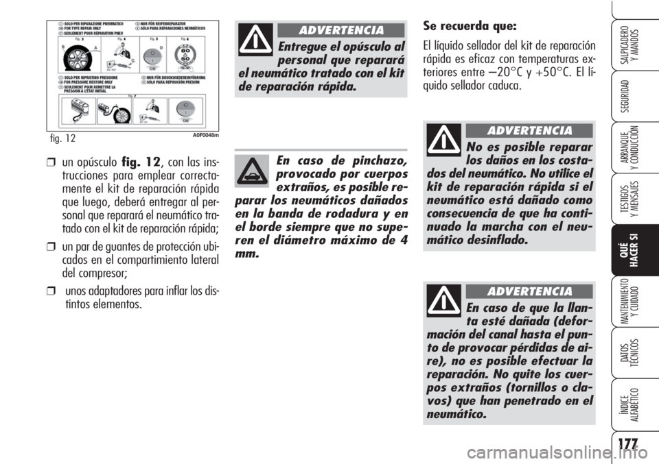 Alfa Romeo Brera/Spider 2010 Manual de Empleo y Cuidado (in Spanish) 177
SEGURIDAD
TESTIGOS
Y MENSAJES
QUÉ
HACER SI
MANTENIMIENTO
Y CUIDADO
DATOS
TÉCNICOS
ÍNDICE
ALFABÉTICO
SALPICADERO
Y MANDOS
ARRANQUE
Y CONDUCCIÓN
A0F0048mfig. 12
Se recuerda que:
El líquido Alfa Romeo Brera/Spider 2010 Manual de Empleo y Cuidado (in Spanish) 177
SEGURIDAD
TESTIGOS
Y MENSAJES
QUÉ
HACER SI
MANTENIMIENTO
Y CUIDADO
DATOS
TÉCNICOS
ÍNDICE
ALFABÉTICO
SALPICADERO
Y MANDOS
ARRANQUE
Y CONDUCCIÓN
A0F0048mfig. 12
Se recuerda que:
El líquido