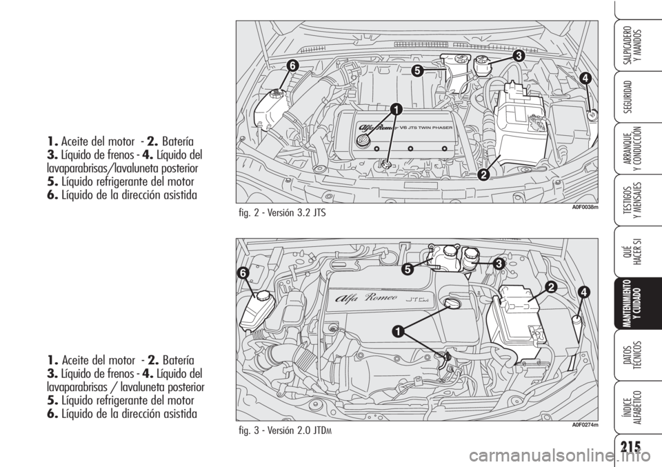 Alfa Romeo Brera/Spider 2010 Manual de Empleo y Cuidado (in Spanish) 215
SEGURIDAD
TESTIGOS
Y MENSAJES
QUÉ
HACER SI
MANTENIMIENTO
Y CUIDADO
DATOS
TÉCNICOS
ÍNDICE
ALFABÉTICO
SALPICADERO
Y MANDOS
ARRANQUE
Y CONDUCCIÓN
fig. 2 - Versión 3.2 JTSA0F0038m
1.Aceite de Alfa Romeo Brera/Spider 2010 Manual de Empleo y Cuidado (in Spanish) 215
SEGURIDAD
TESTIGOS
Y MENSAJES
QUÉ
HACER SI
MANTENIMIENTO
Y CUIDADO
DATOS
TÉCNICOS
ÍNDICE
ALFABÉTICO
SALPICADERO
Y MANDOS
ARRANQUE
Y CONDUCCIÓN
fig. 2 - Versión 3.2 JTSA0F0038m
1.Aceite de