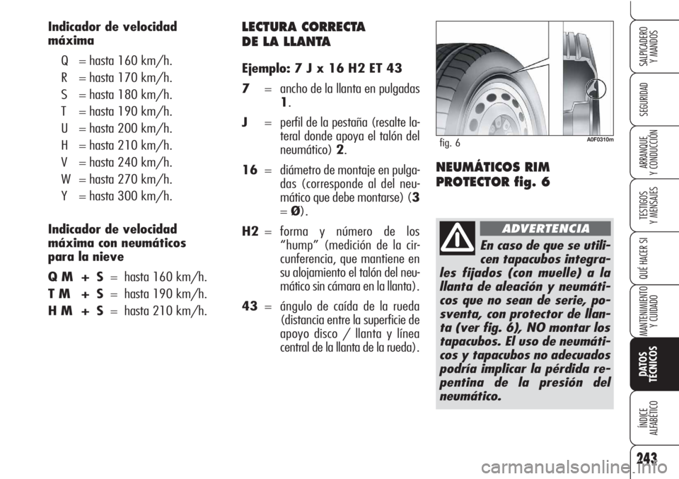 Alfa Romeo Brera/Spider 2010 Manual de Empleo y Cuidado (in Spanish) 243
SEGURIDAD
TESTIGOS
Y MENSAJES
QUÉ HACER SI
MANTENIMIENTO
Y CUIDADO
DATOS
TÉCNICOS
ÍNDICE
ALFABÉTICO
SALPICADERO
Y MANDOS
ARRANQUE
Y CONDUCCIÓN
LECTURA CORRECTA
DE LA LLANTA
Ejemplo: 7 J x 1 Alfa Romeo Brera/Spider 2010 Manual de Empleo y Cuidado (in Spanish) 243
SEGURIDAD
TESTIGOS
Y MENSAJES
QUÉ HACER SI
MANTENIMIENTO
Y CUIDADO
DATOS
TÉCNICOS
ÍNDICE
ALFABÉTICO
SALPICADERO
Y MANDOS
ARRANQUE
Y CONDUCCIÓN
LECTURA CORRECTA
DE LA LLANTA
Ejemplo: 7 J x 1